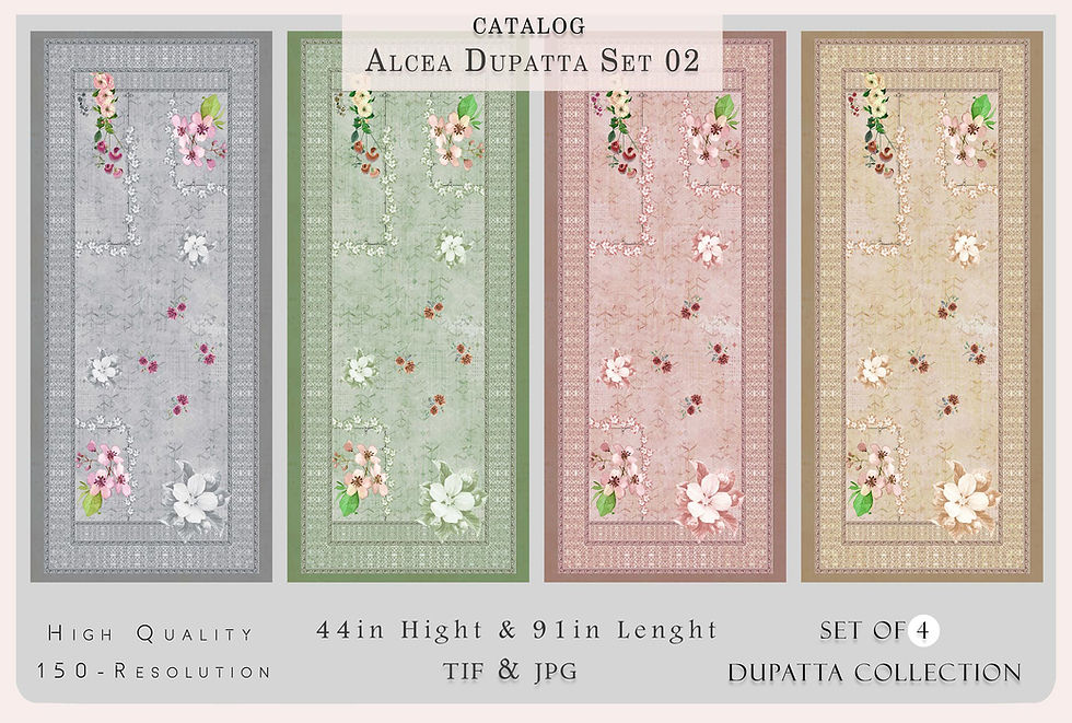 थंबनेल: ALCEA DUPATTA SRT 02 catalog with floral print on several colored dupattas. Tanzitex Studio