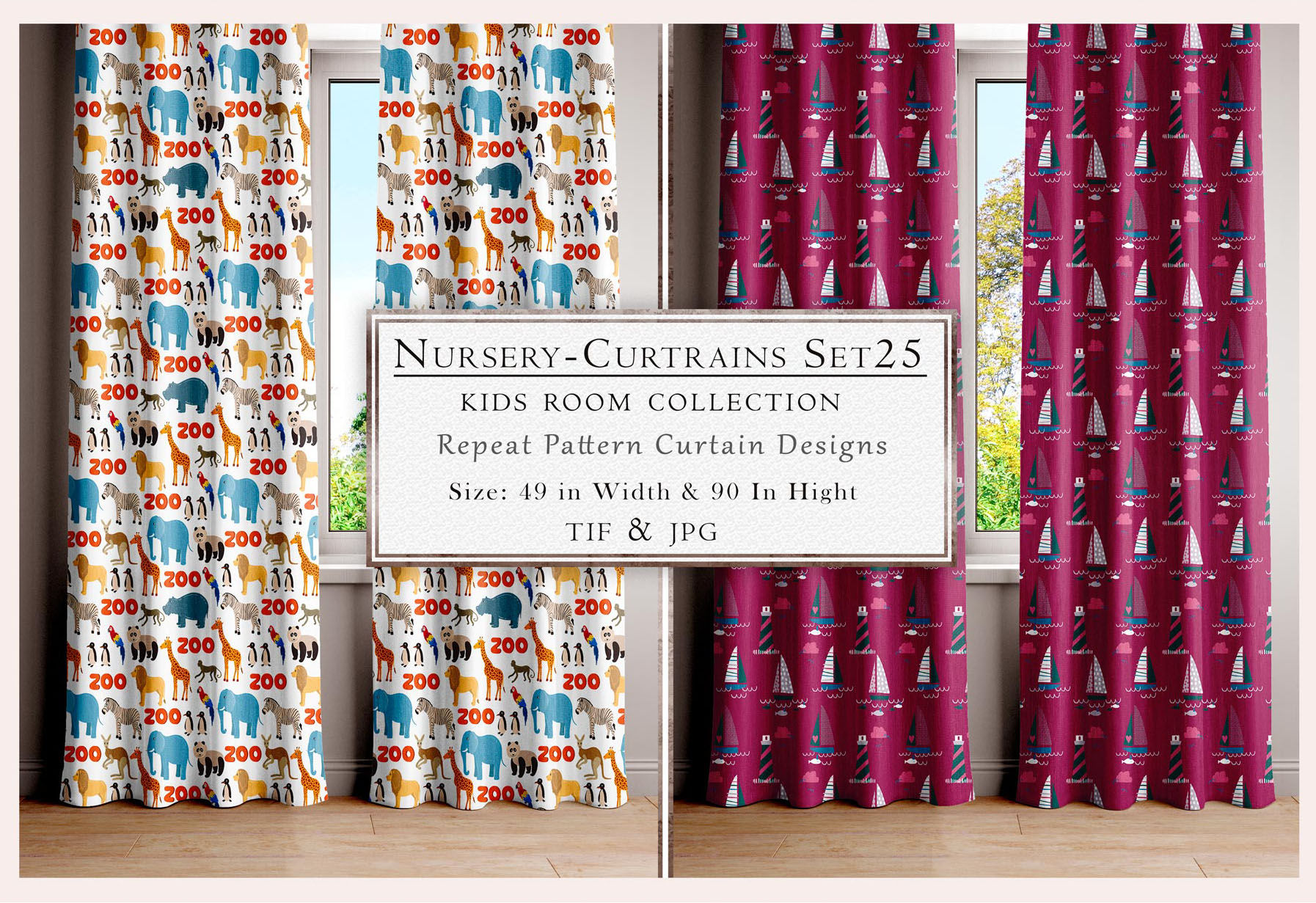 Nursery Curtains Set 25, Kid's Room Collection, Repeat Pattern Curtain Designs, Tanzitex Studio