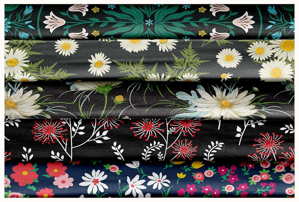 Thumbnail: Floral pattern fabric stack with daisy, botanical and floral designs. Tanzitex Studio.