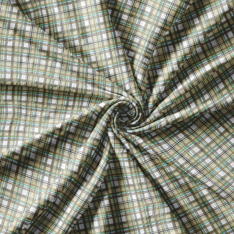 Thumbnail: Green and white plaid fabric. Abstract Botanical Geo TZFD Suit 605 C, fabric detail shot. Tanzitex Studio