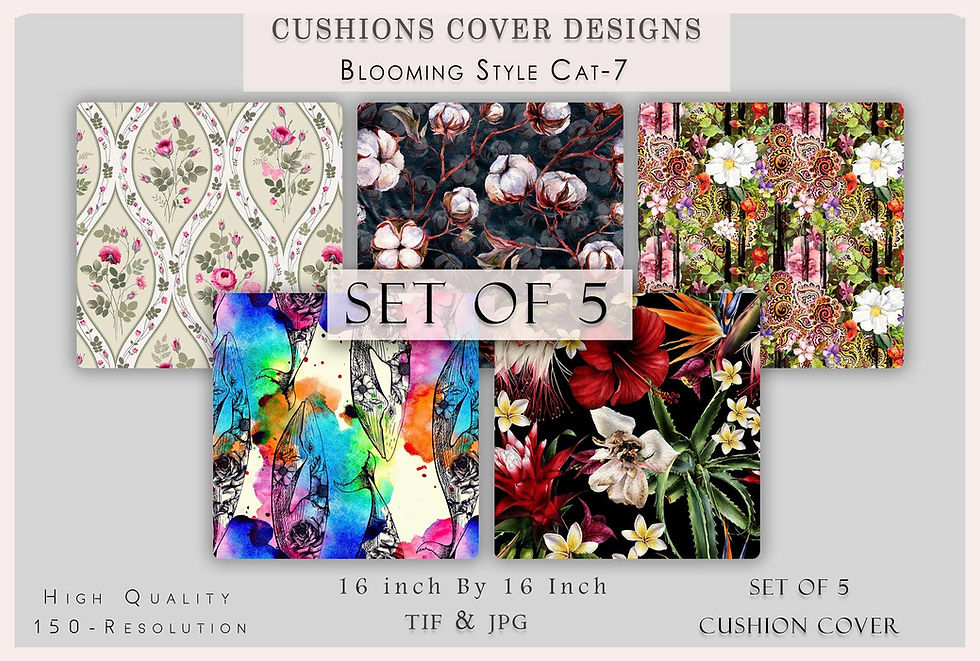 थंबनेल: Set of five cushions with Blooming Style CAT-7 designs, 16x16 inches.