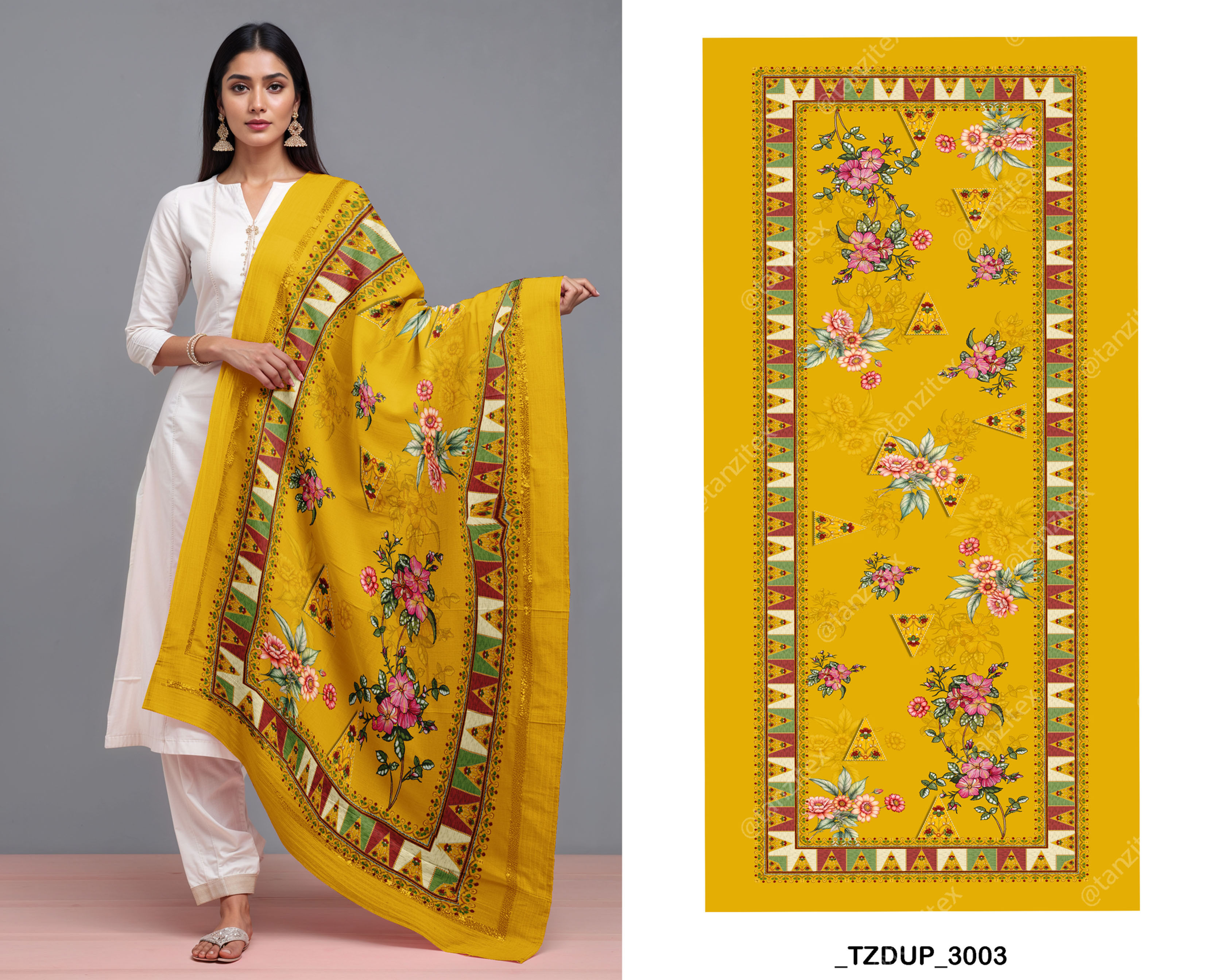 Woman in white suit with yellow floral dupatta, pattern design, Tanzitex Studio