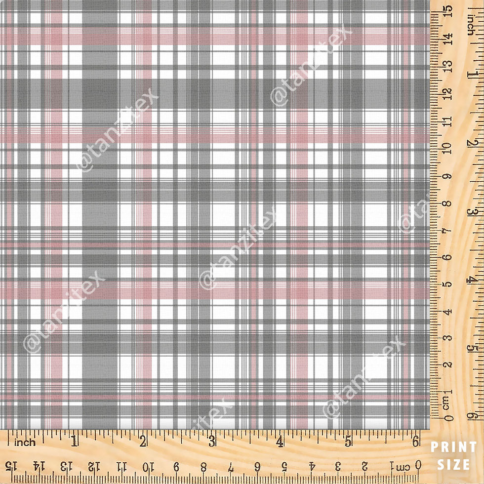 थंबनेल: Gray and pink plaid fabric with wooden ruler, Tanzitex Studio.