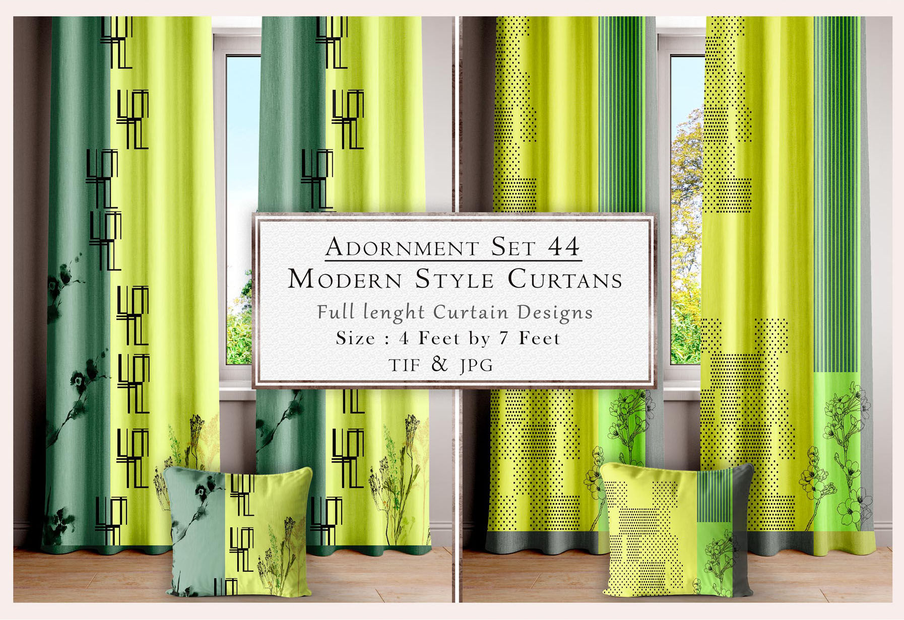 Modern style curtains with text, Tanzitex Studio, green and yellow color