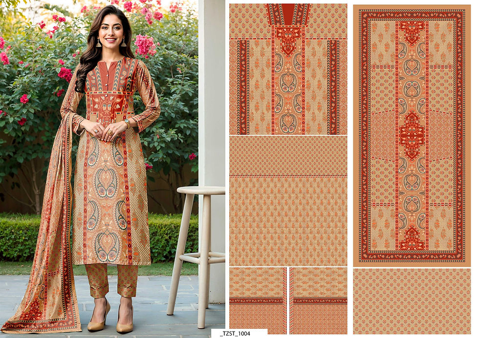 Woman in tan dress with printed design, side view, Tanzitex Studio.