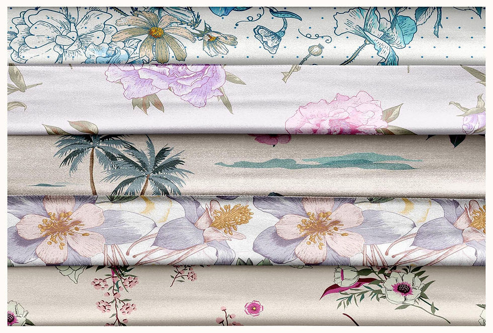 Thumbnail: Stacked fabric swatches with floral patterns and designs, close-up view Tanzitex Studio.
