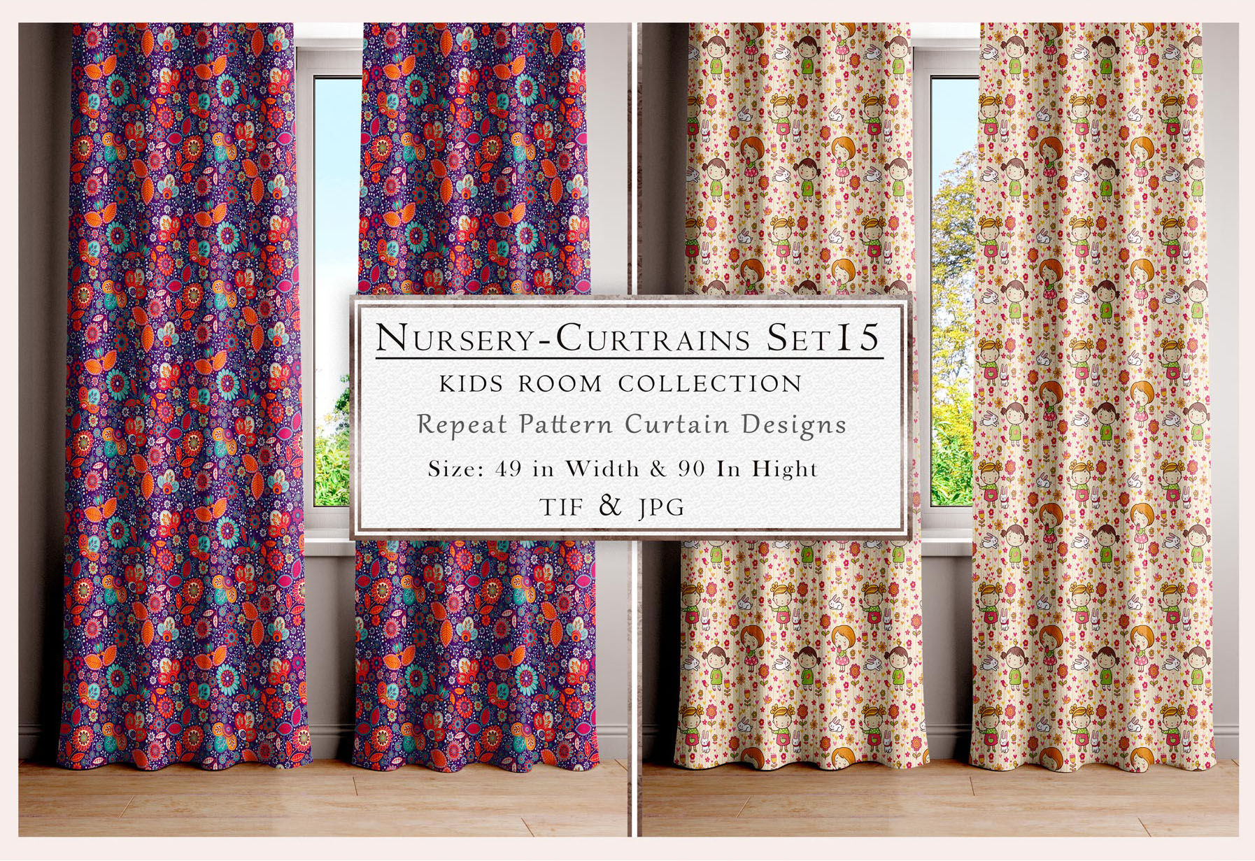 Nursery Curtains Sets 15, Kids Room Collection, Repeat Pattern Curtain Designs, JPG file.