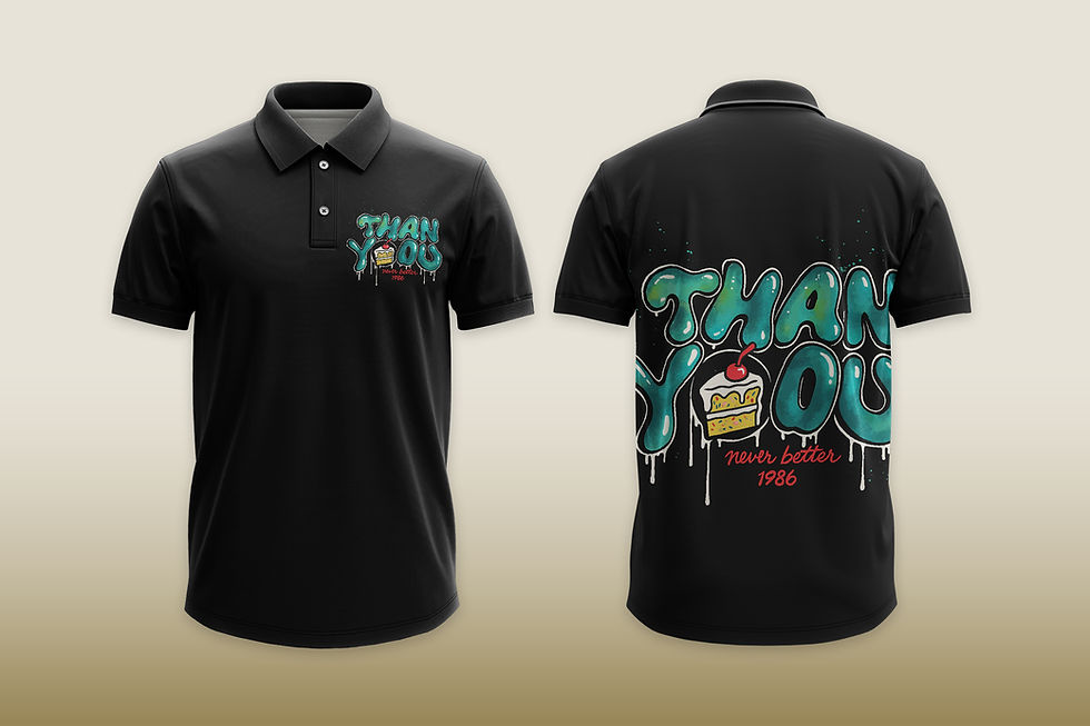 Black polo shirt with THANK YOU text, Tanzitex Studio design.