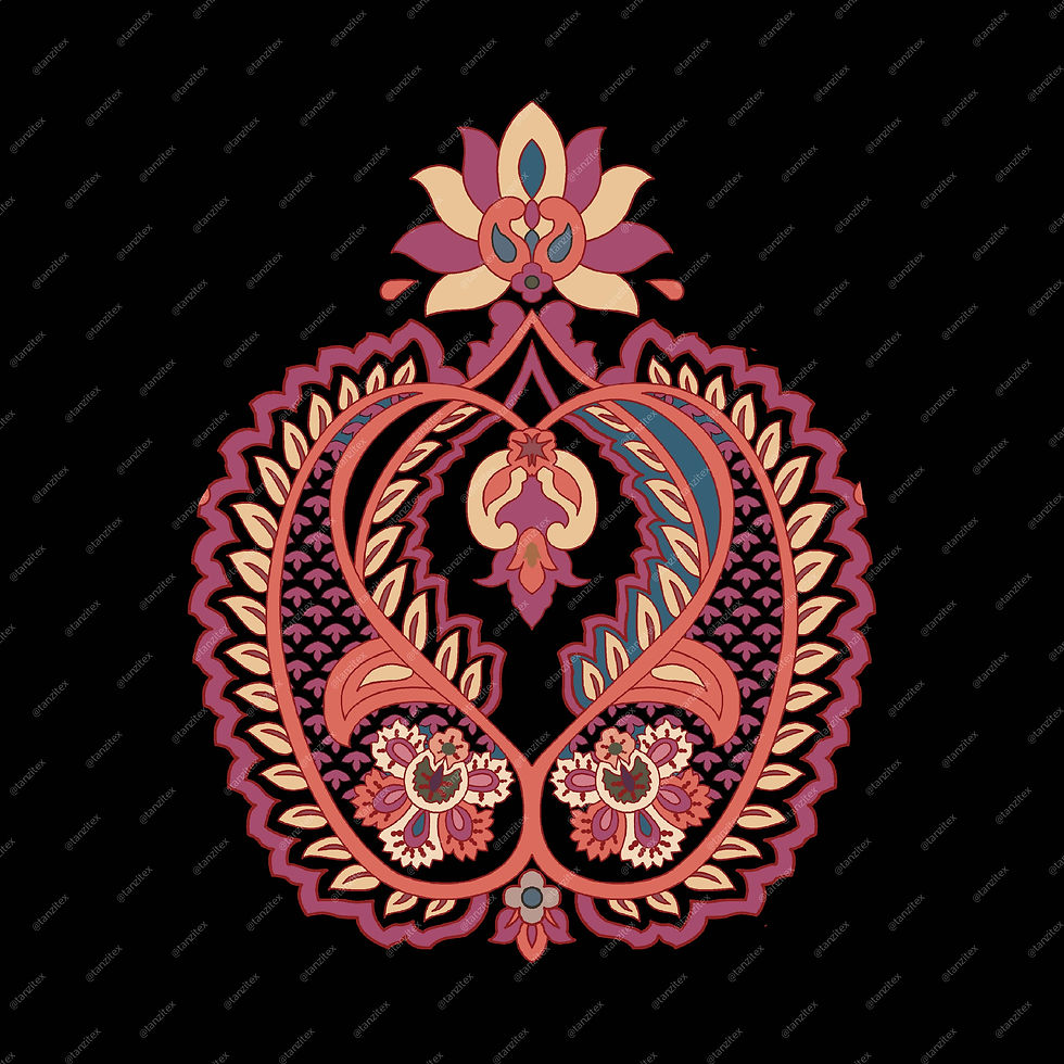 Floral medallion with paisley design and Tribal Red Diamond Medallion TZMT 56 on black background.