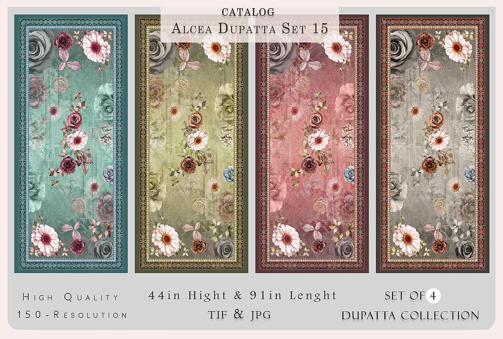 Thumbnail: Alcea Dupatta Set 15– Elegant Vintage Floral Dupatta Collection TZDUP 1501, catalog display with floral designs, Tanzitex Studio.