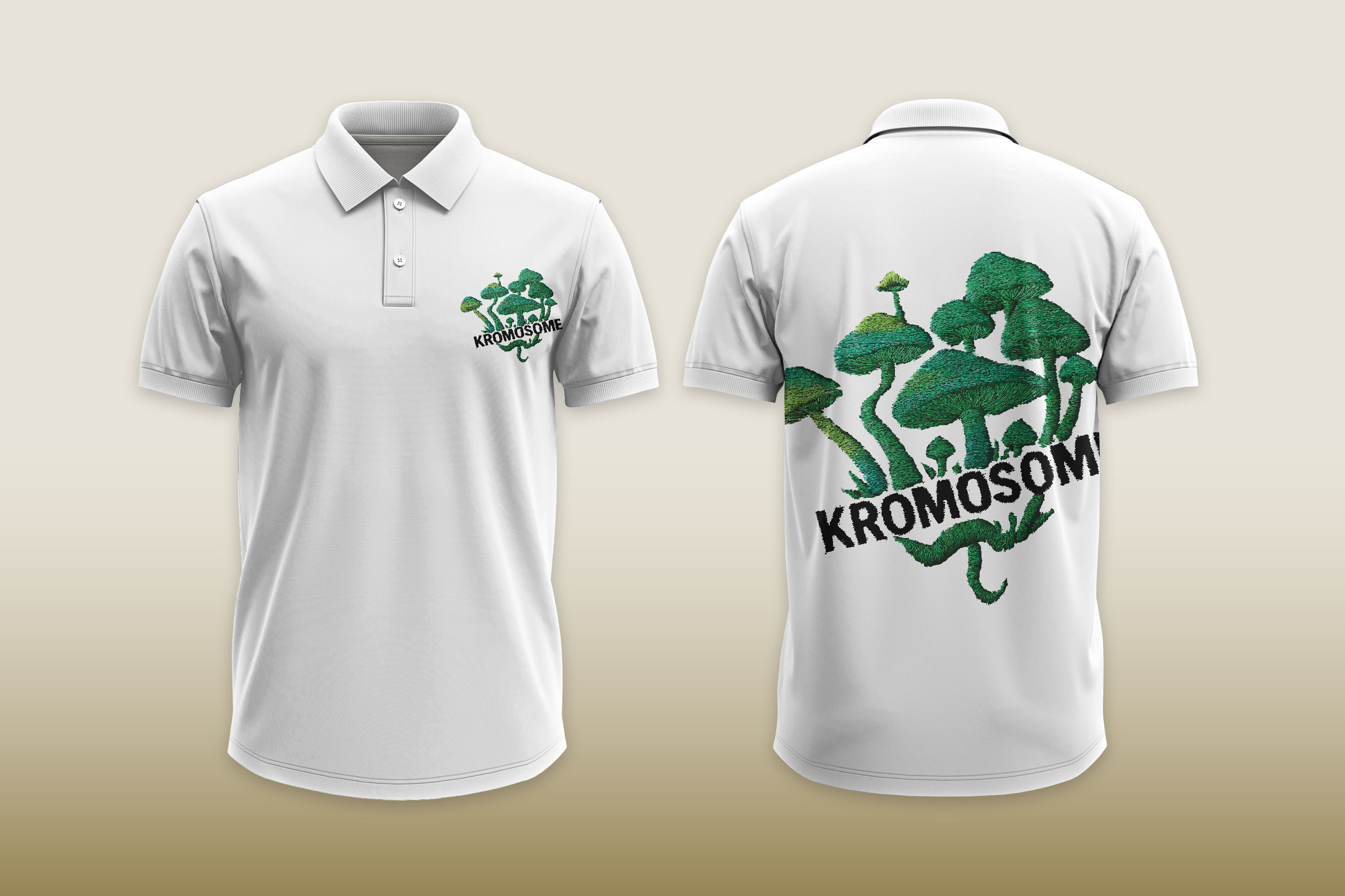 White polo shirt with green Kromosom logo on front and back design.