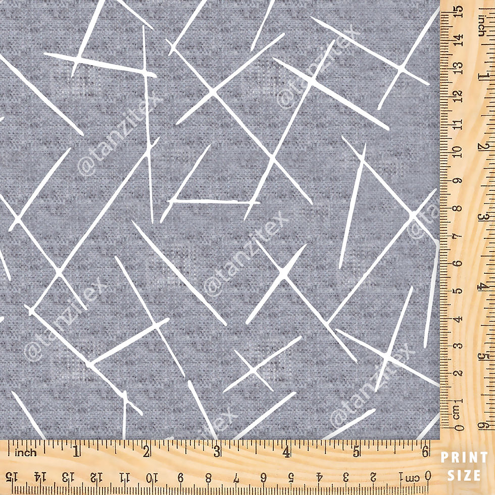 Textile with white lines on gray background, Tanzitex Studio geometric design fabric.