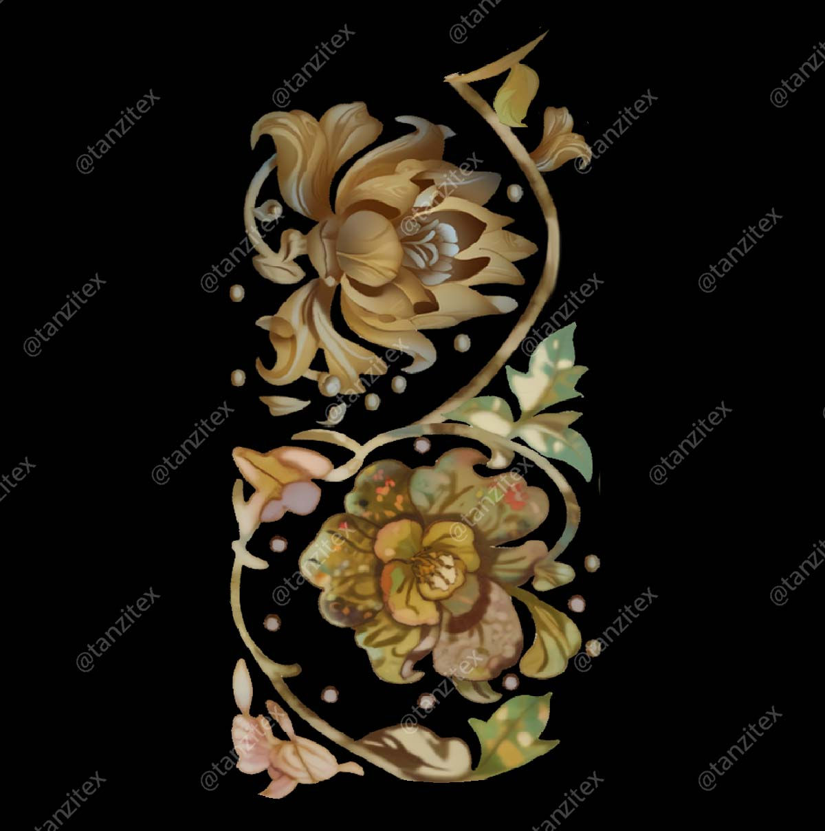 Ornate floral design on black background, Tanzitex Studio, beautiful gold details.