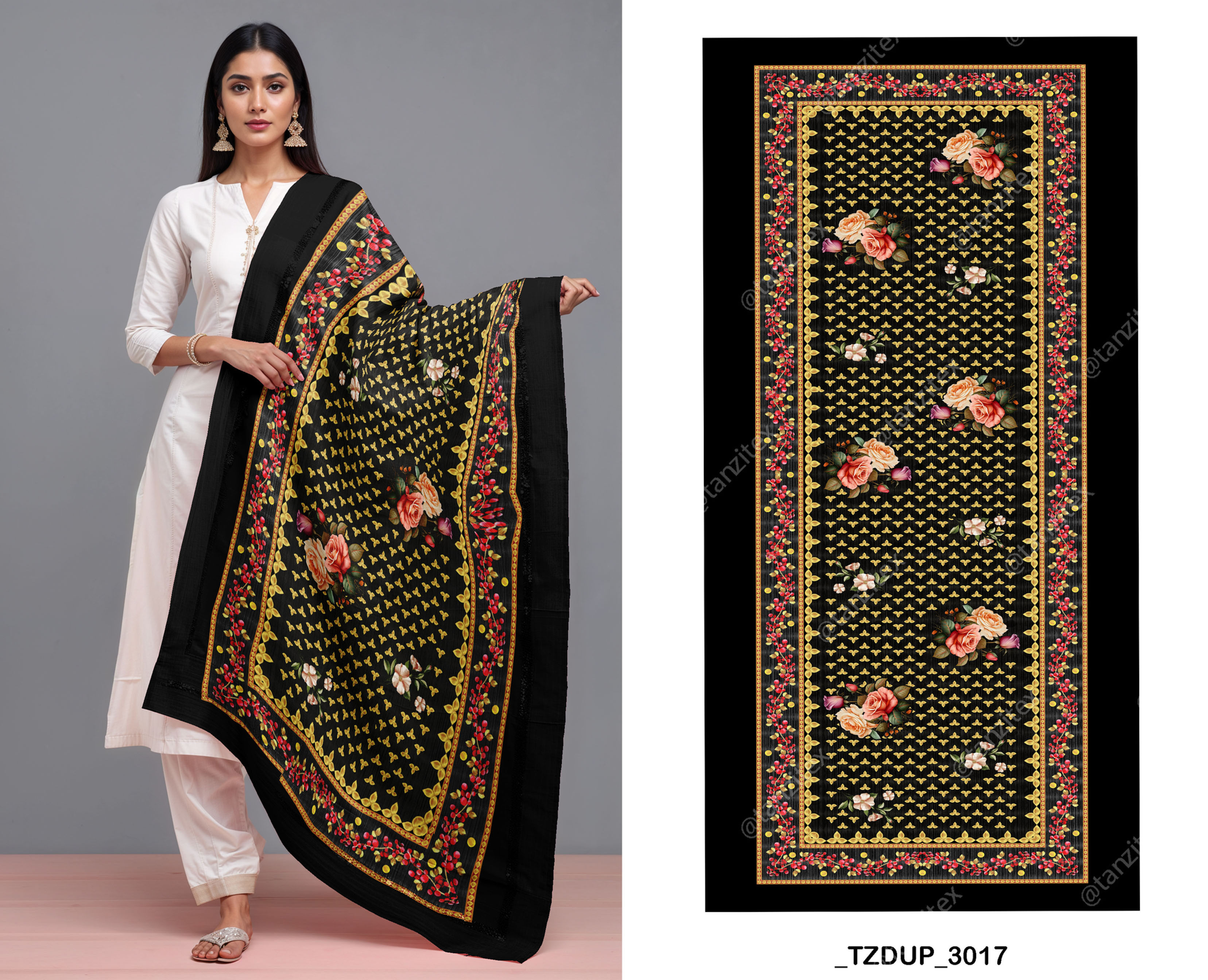 Black & Gold Rose Floral Dupatta Digital Design TZDUP 3026