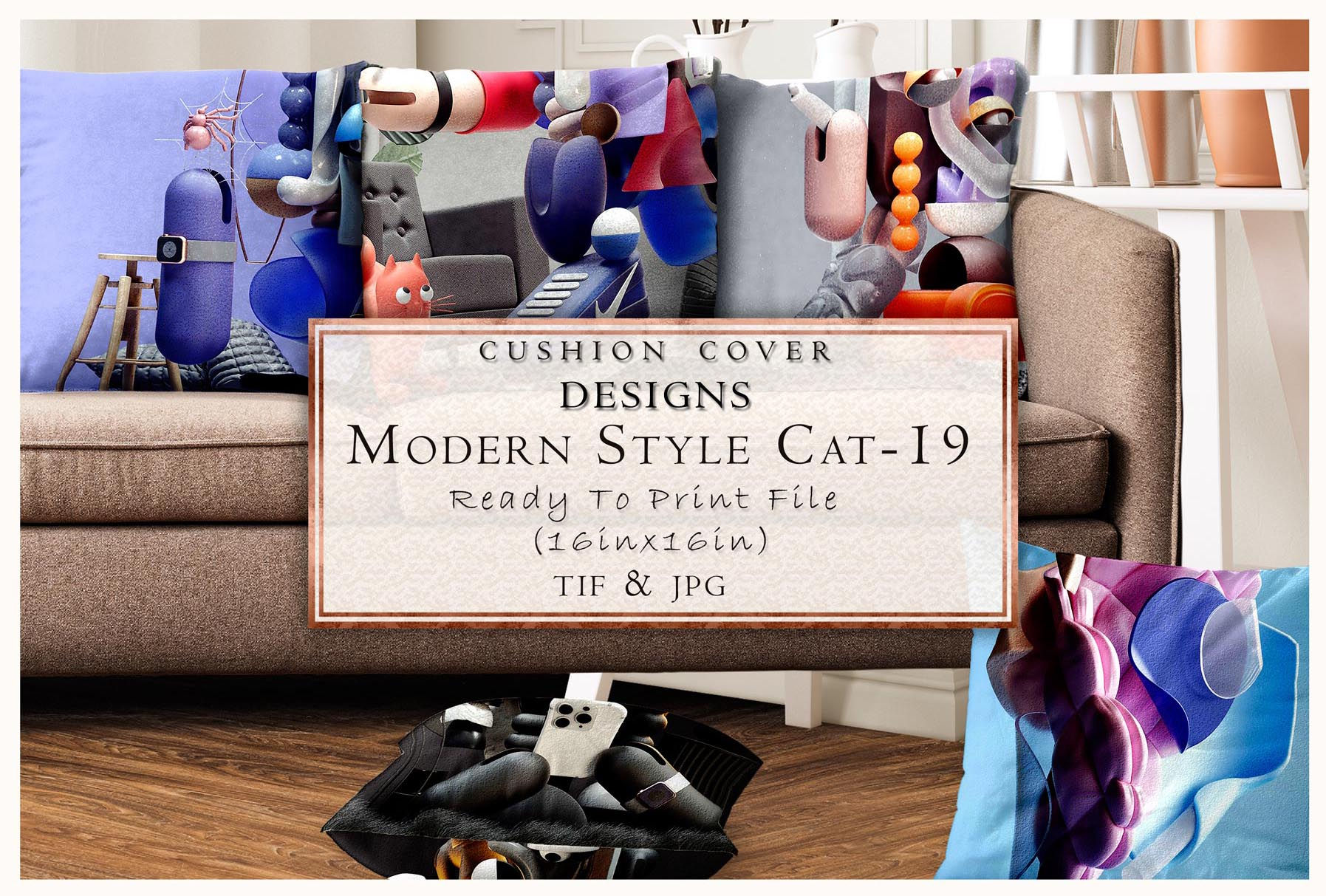 Cushion cover designs with Modern Style Cat-19 ready to print file, Zeincsein, TIF & JPG