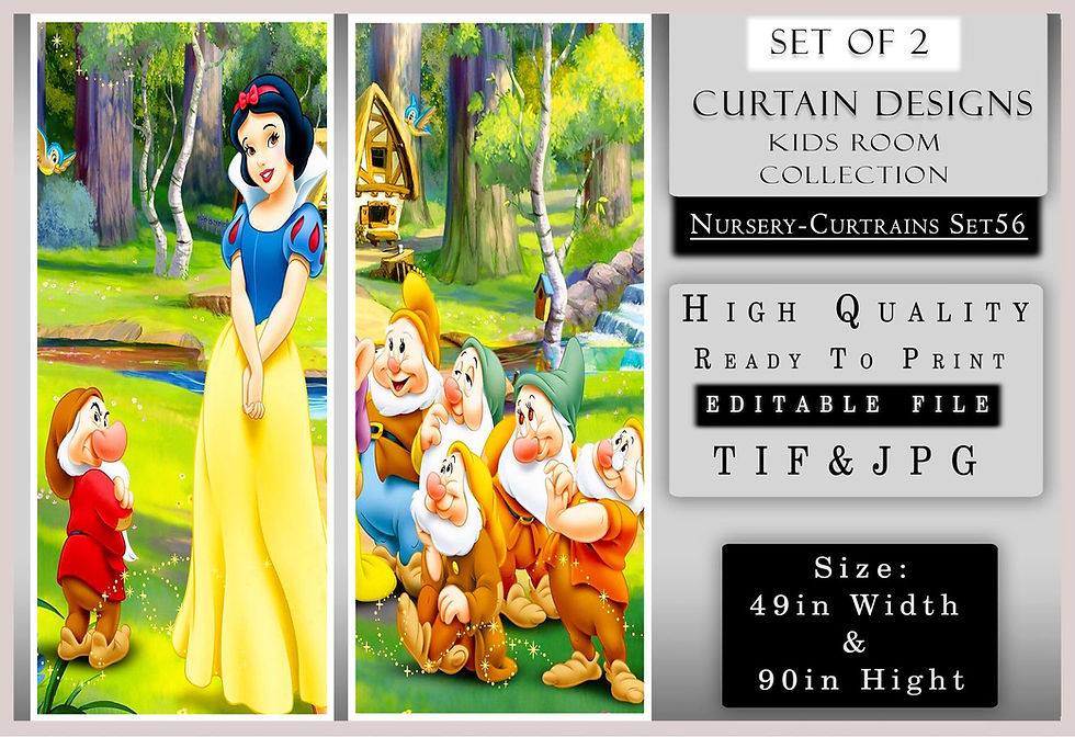थंबनेल: Snow White with seven dwarfs, kids curtain, high quality, ready to edit, size & Tanzitex Studio
