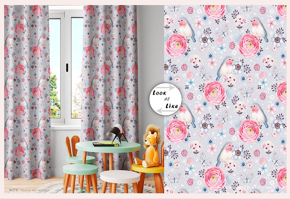 थंबनेल: Curtains with colorful flowers, a table, chair, and soft toy. Look or Fine.