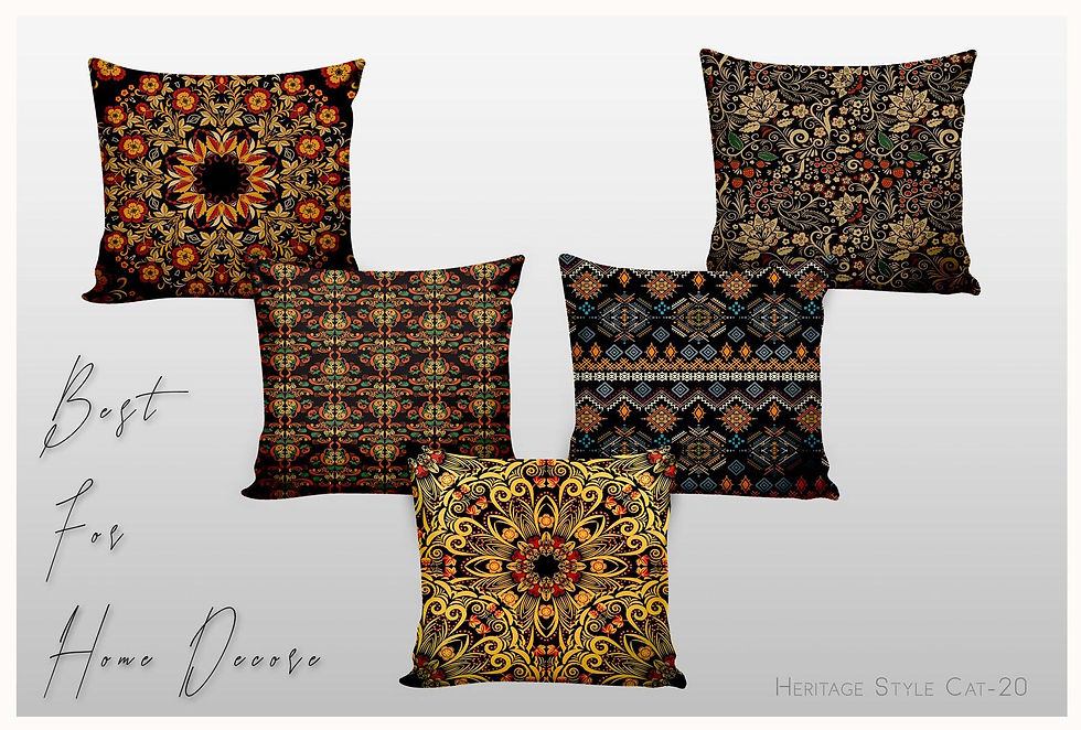 थंबनेल: Five decorative throw pillows with various artistic patterns and designs. Tanzitex Studio.