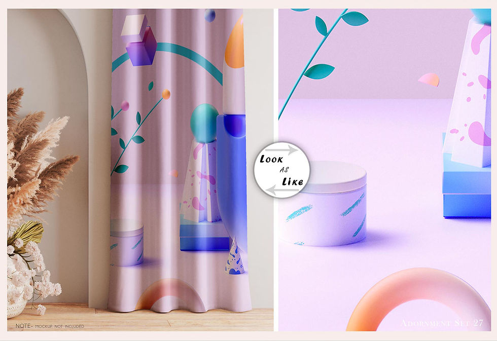 थंबनेल: Purple curtain design featuring abstract shapes and a white cosmetic jar. Look or Else.
