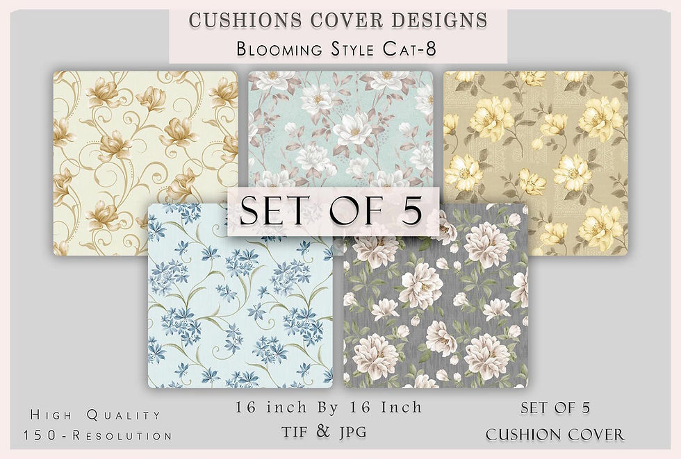 थंबनेल: Set of five cushions cover designs, blooming style, TIF & JPG format.