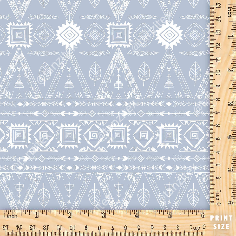 Blue fabric with white tribal pattern and a wooden ruler, Tanzitex Studio
