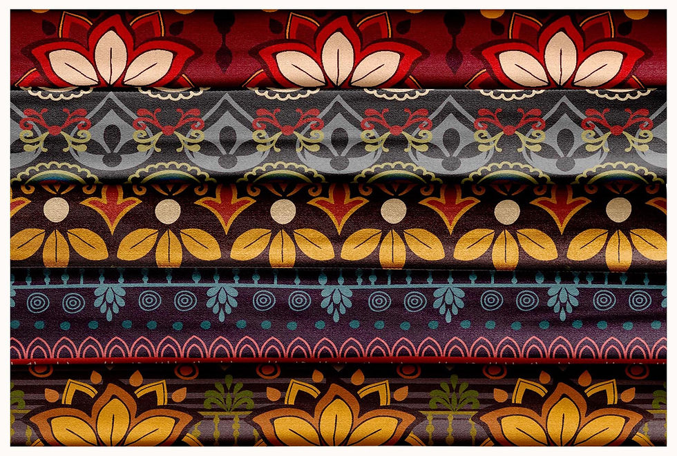Thumbnail: Colorful textile patterns with floral motifs, Vintage Tile Motif Digital Pattern TZSRT 5004, design details, Tanzitex Studio.