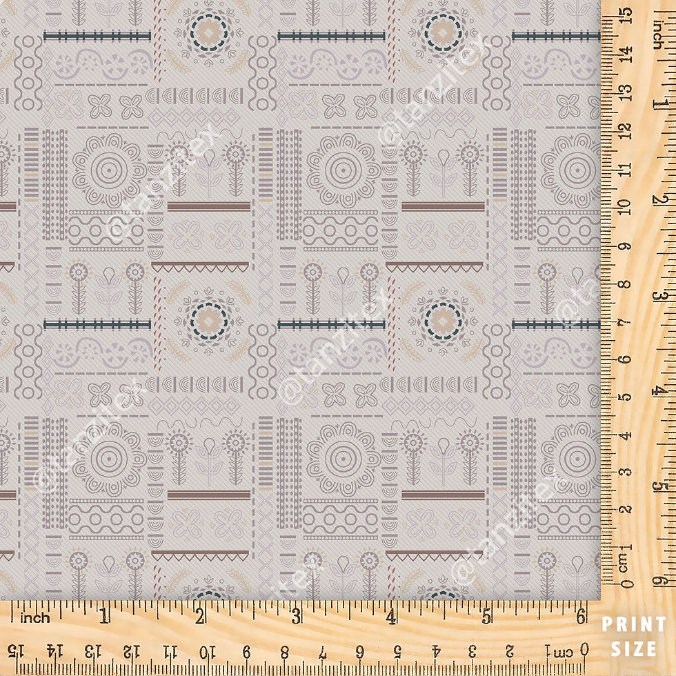 Gray patterned fabric with ruler for scale and Tanzitex Studio textile design.