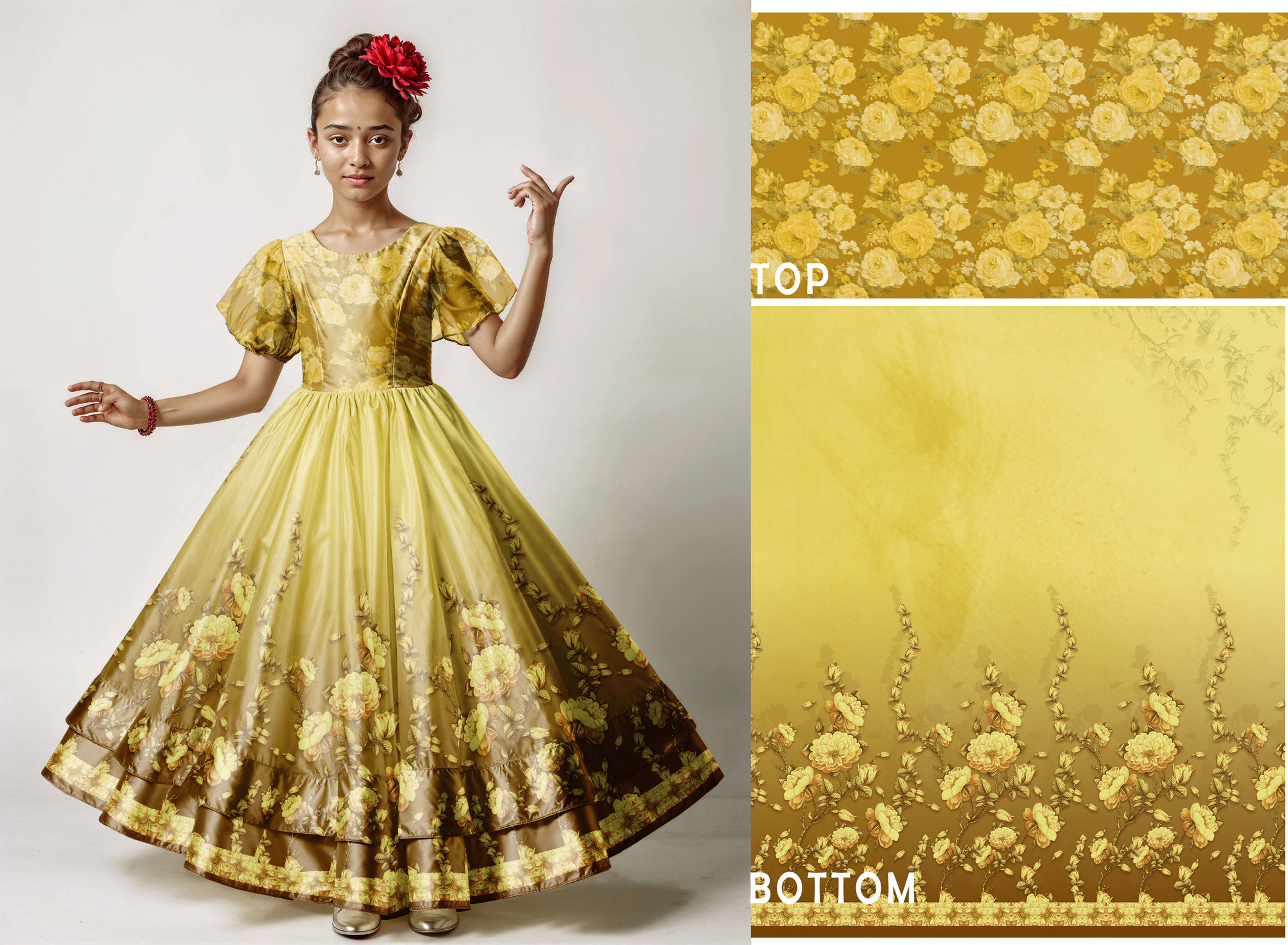 Young girl in yellow dress with floral print, Top and Bottom designs.