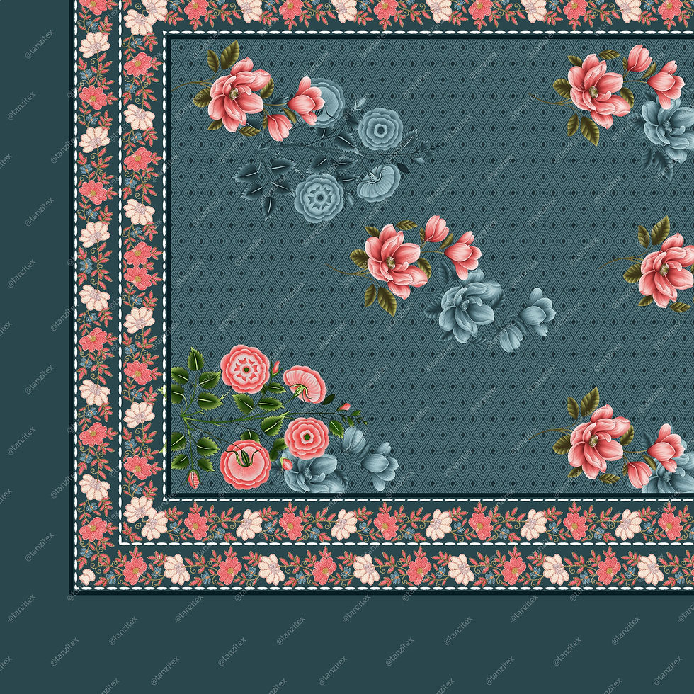 Floral pattern design with pink and blue roses on Teal background Tanzitex Studio.