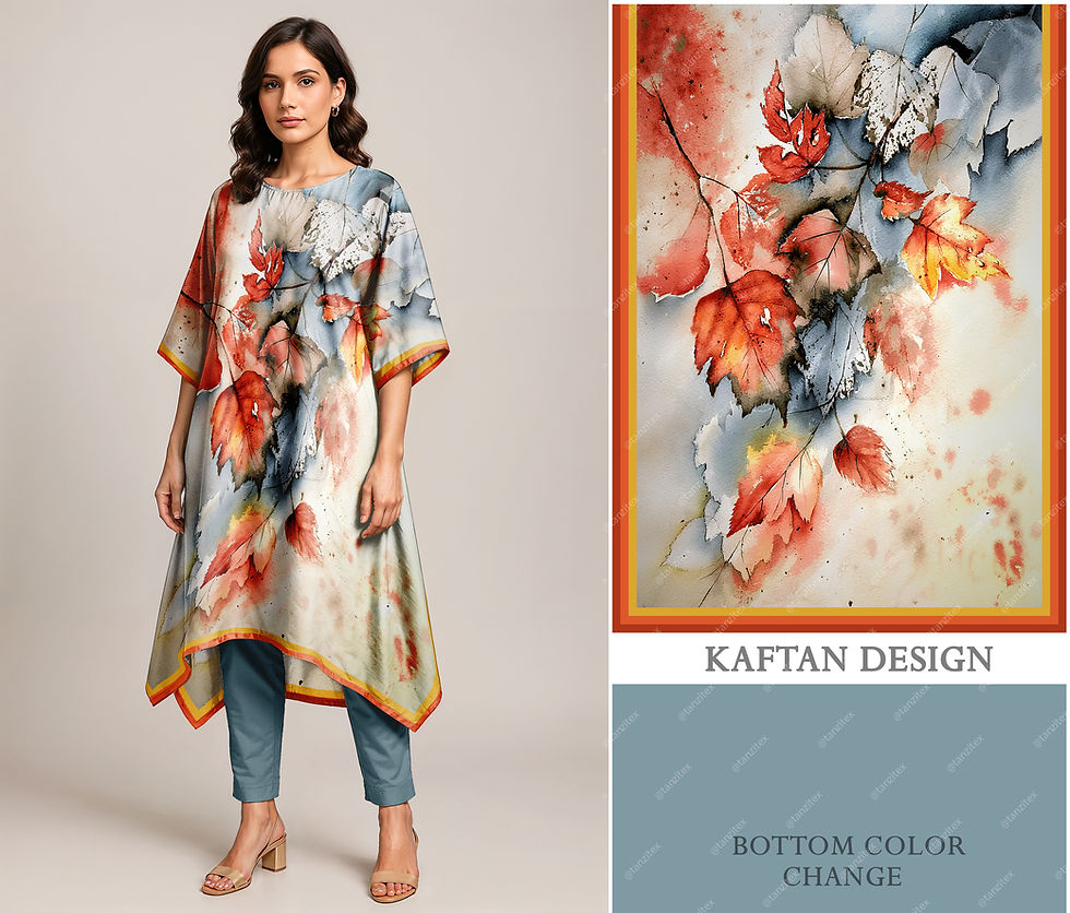 Woman in Kaftan dress with floral design and visible text. Tanzitex Studio