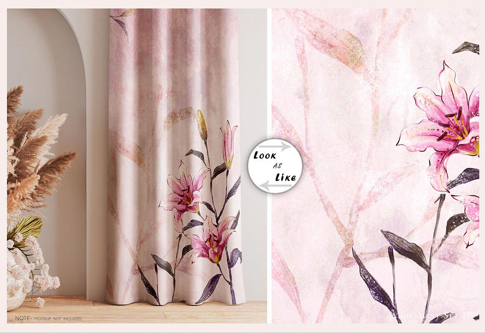 Thumbnail: Pink floral curtain design, with Room or Else text, Tanzitex Studio.
