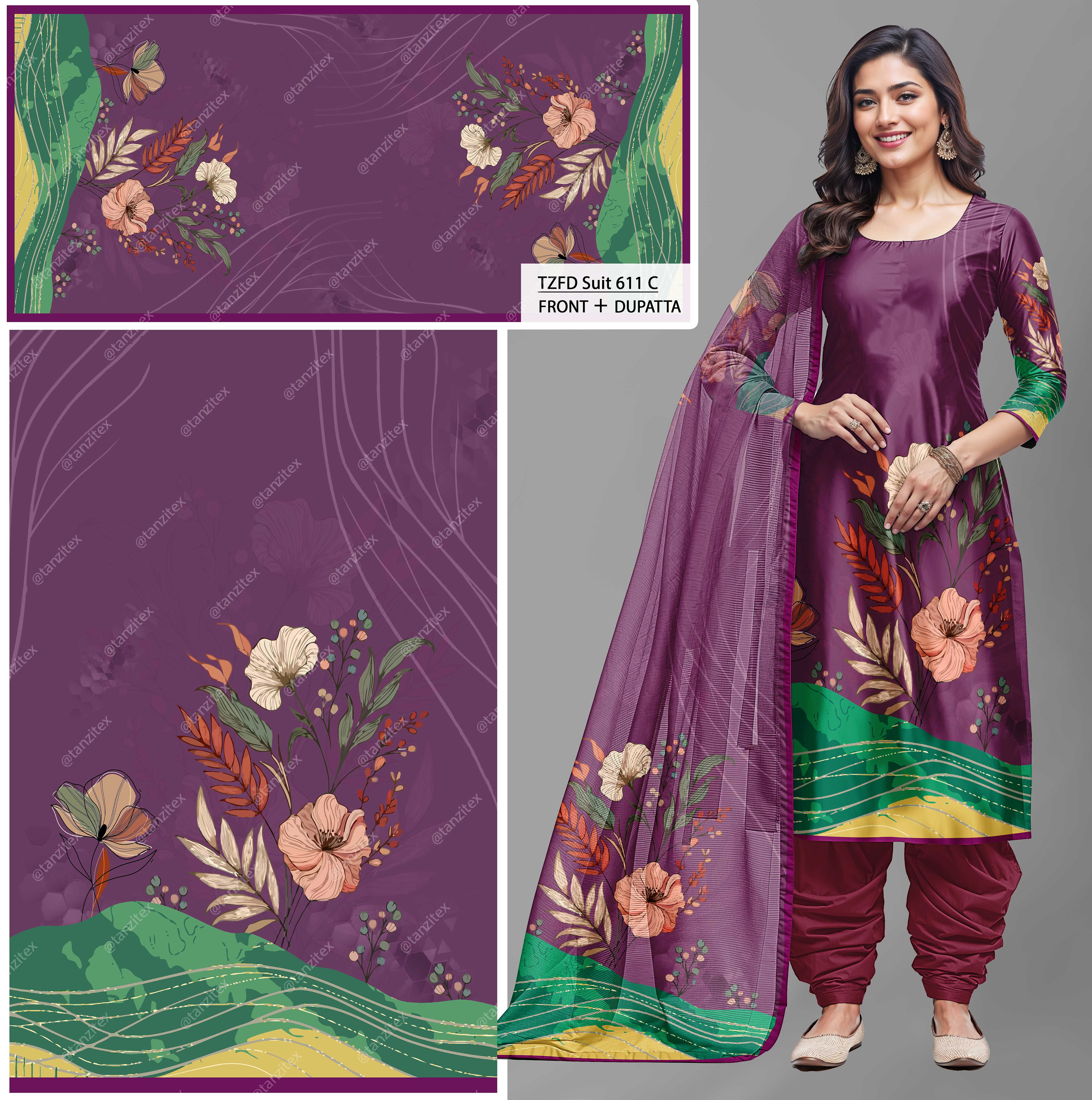 Woman in purple dress with floral print and matching dupatta Tanzitex Studio