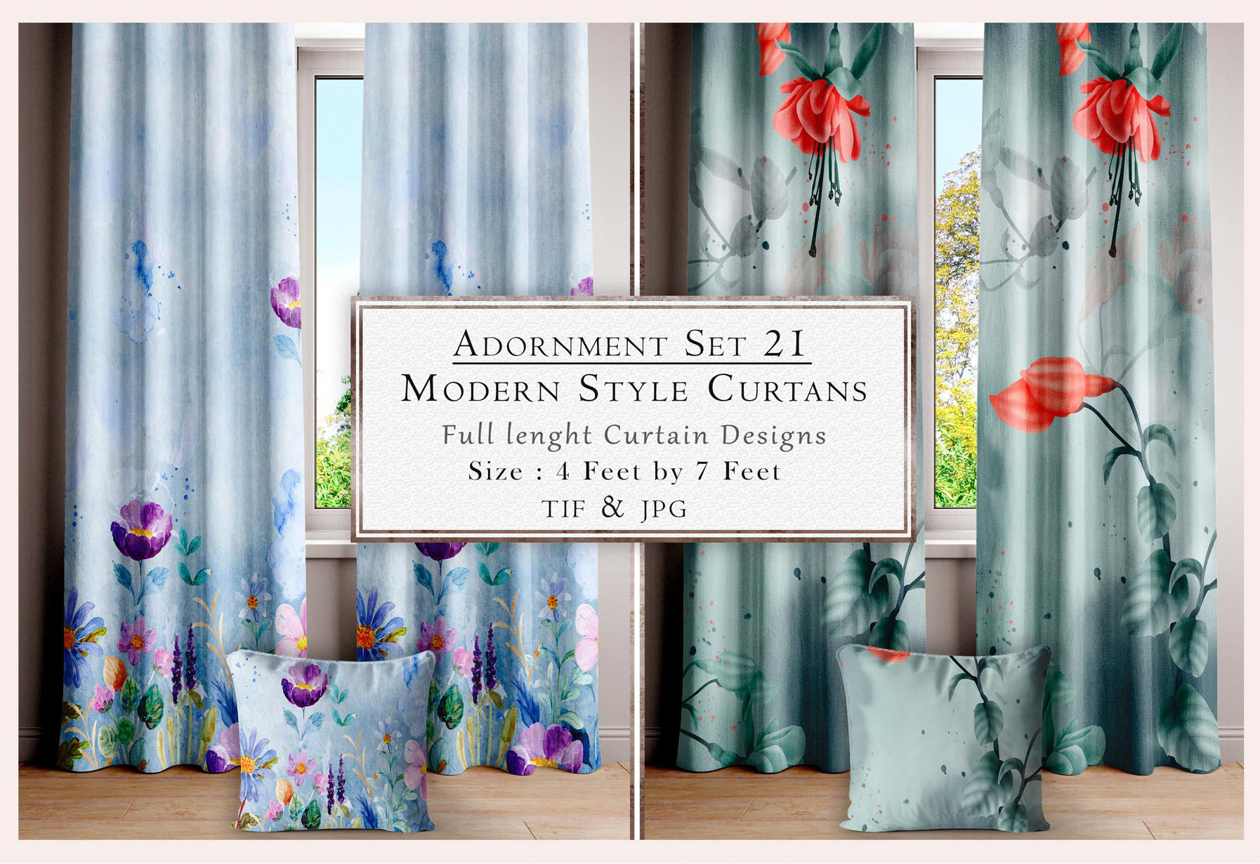 Modern style curtains with floral pattern from Adornment Set 21, 4 feet by 7 feet.