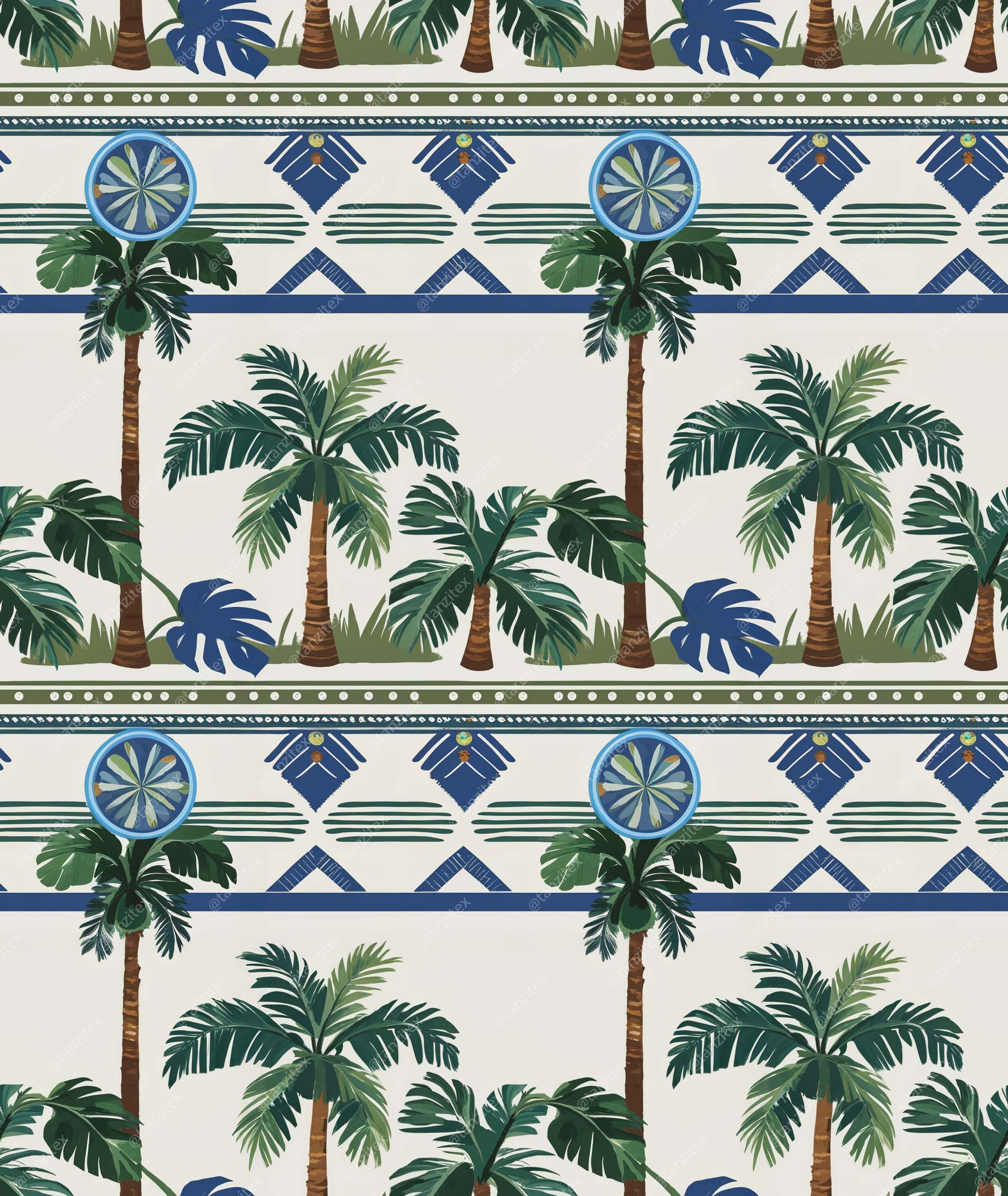Palm trees and blue diamonds on a seamless digital print design TZIK 83.