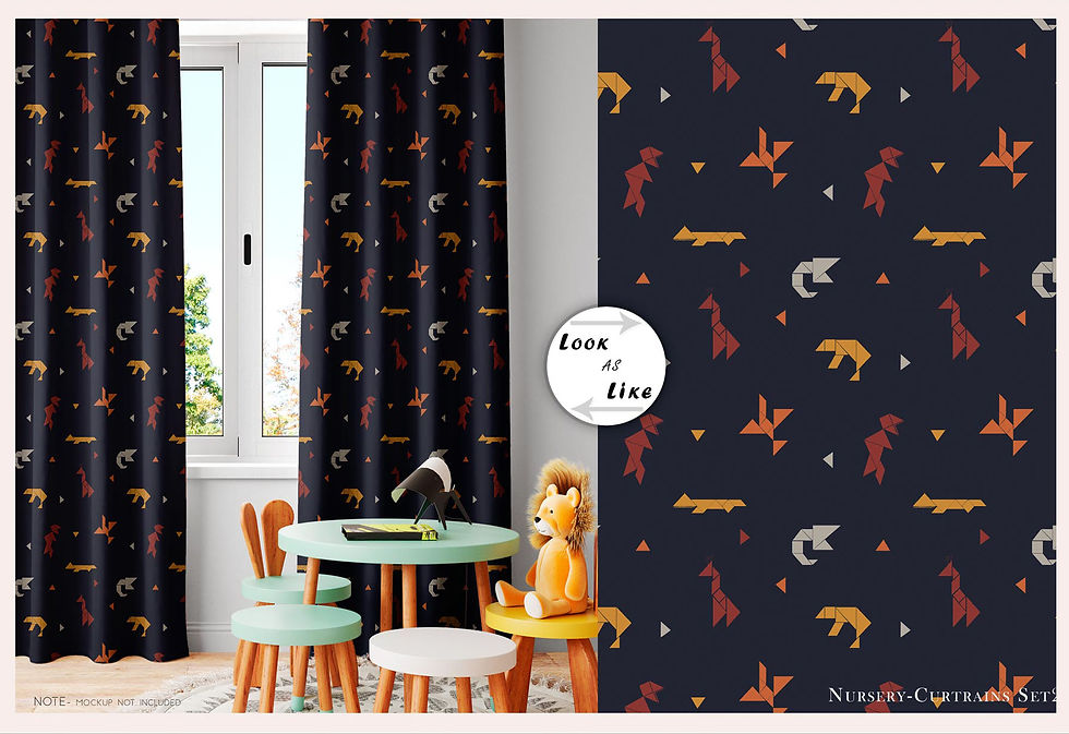 Child's room decor with dark blue curtains and animal print design. Book or Else.
