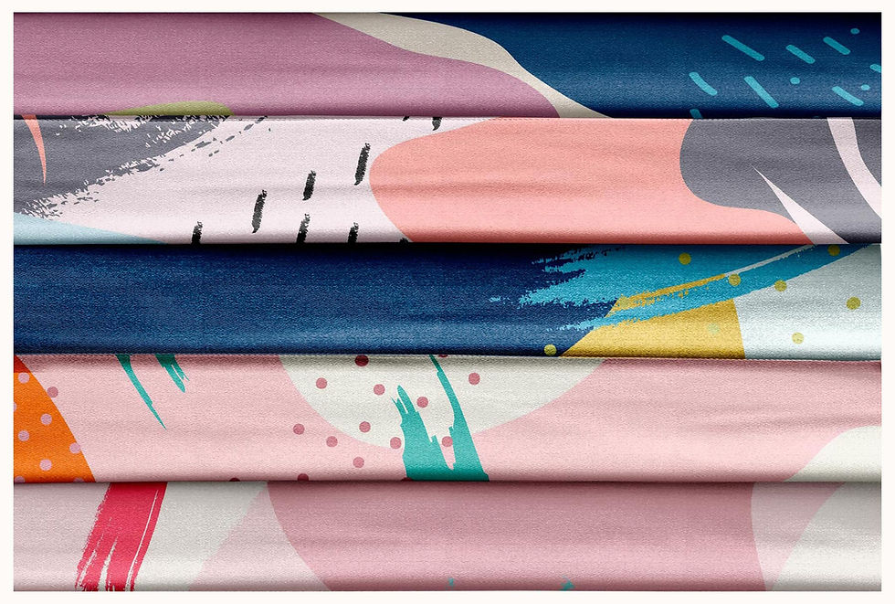 थंबनेल: Colorful abstract pattern fabric with pink, blue, and teal designs Tanzitex Studio.