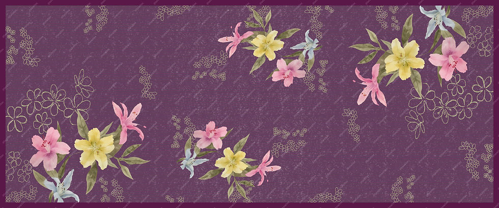 Thumbnail: Floral pattern on a purple background, Watercolor Florals on Mustard TZFD Suit 607 D. Tanzitex Studio