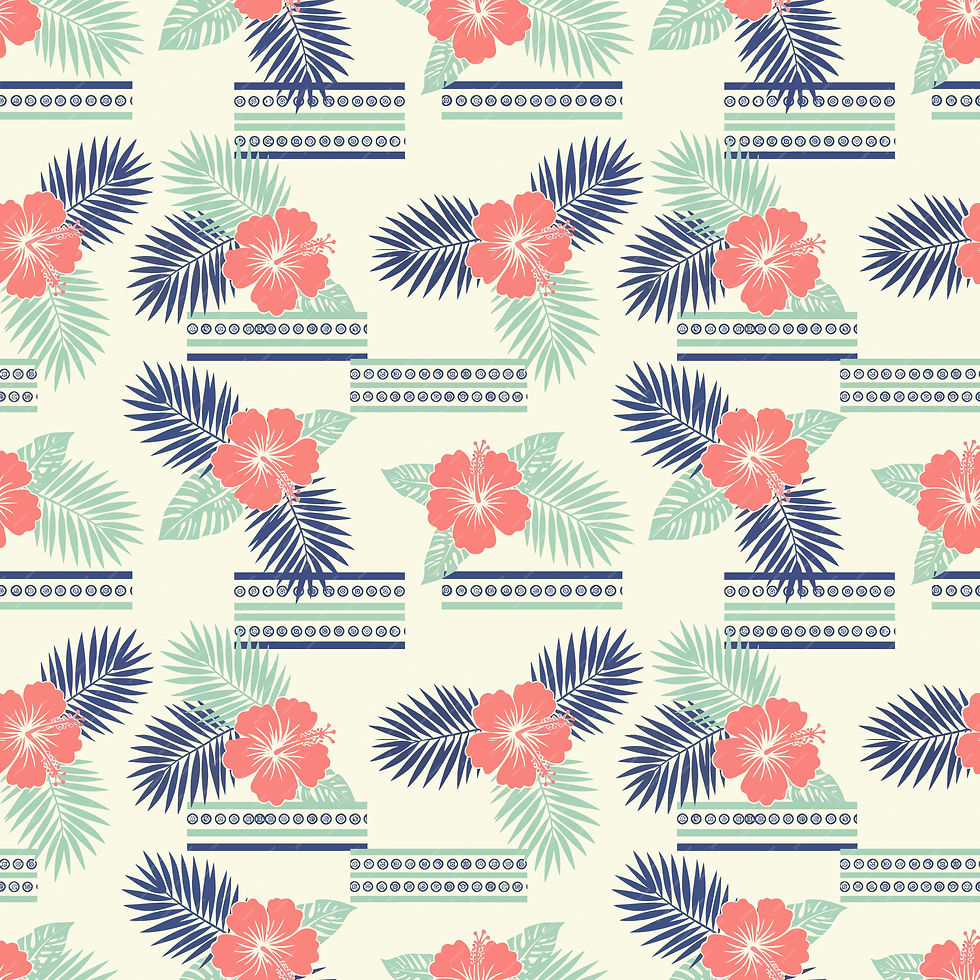 Floral pattern with pink flowers, blue leaves, printed design, and light background.