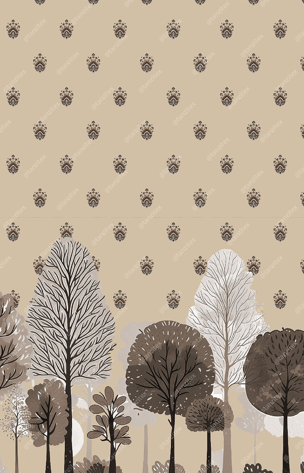 Brown trees and small print on cream background Tanzitex Studio seamless pattern design.