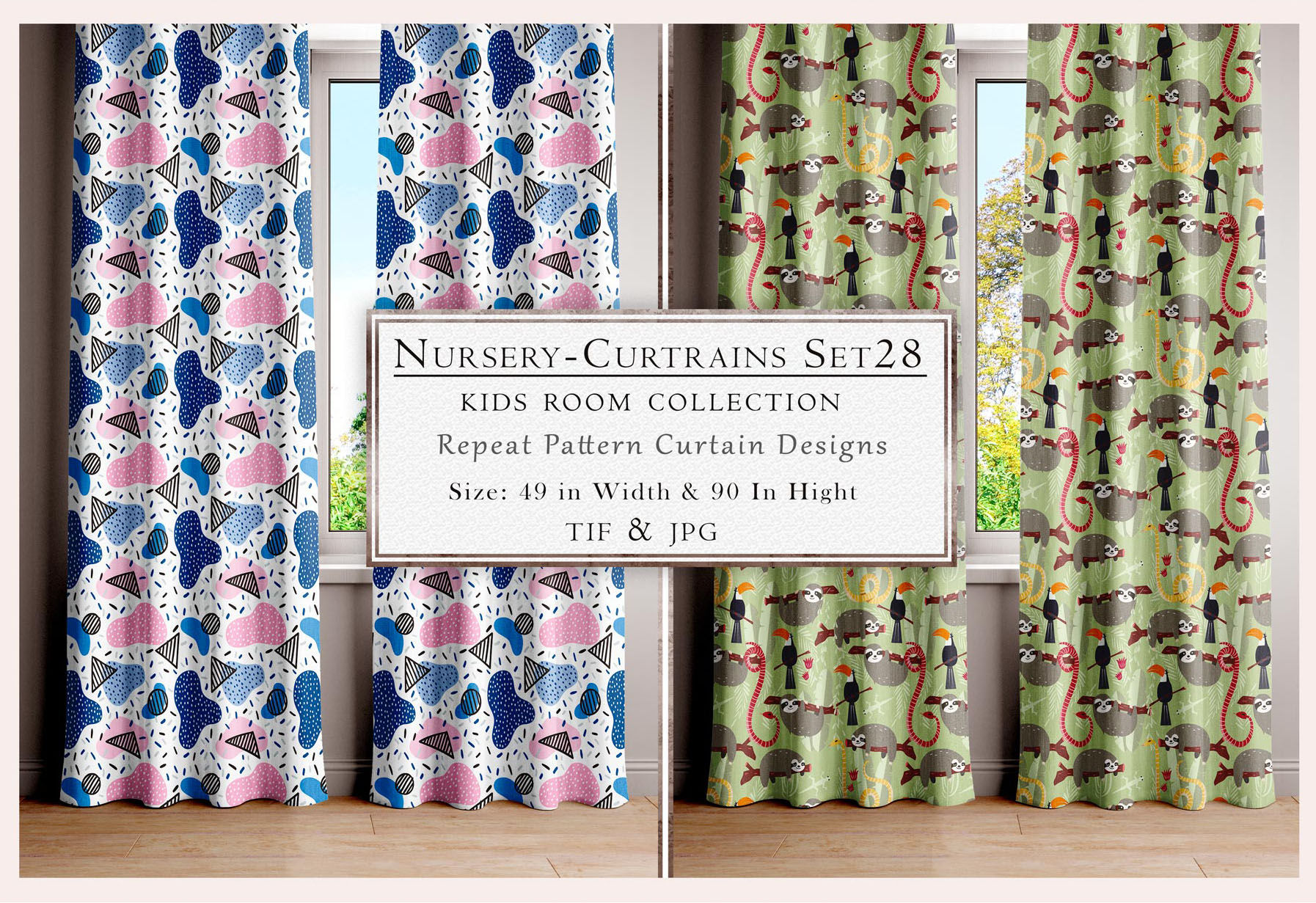 Nursery Curtains Set28: Kid's room curtains with colorful designs and text. Tanzitex Studio