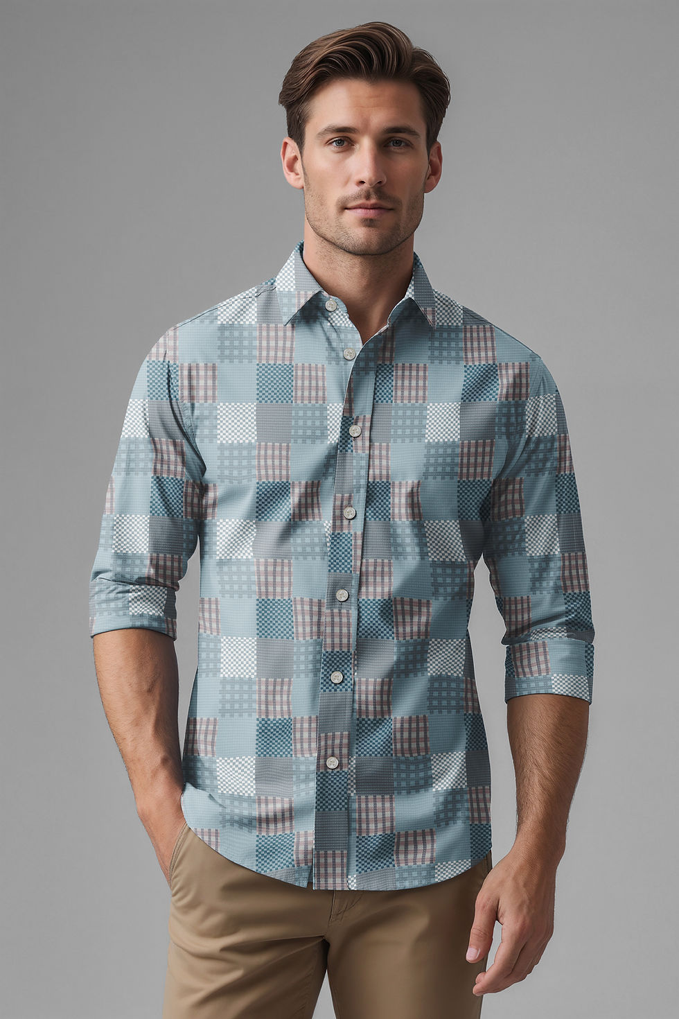 Thumbnail: Man wearing blue plaid shirt, studio shot. Tanzitex Studio.