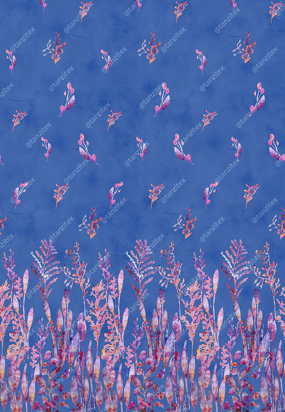 Blue patterned fabric with floral print. Tanzitex Studio design.