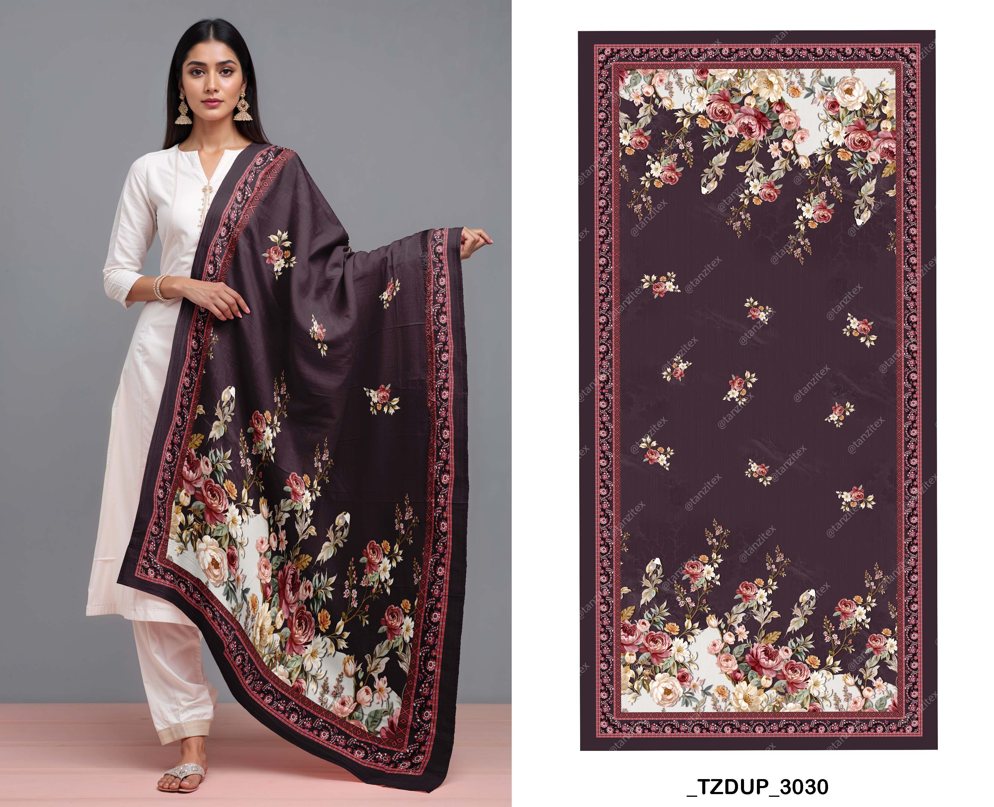 Wine Rose Garden Dupatta Digital Design TZDUP 3030