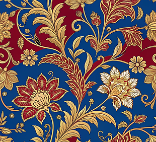 Floral pattern with gold and red flowers on a blue background.