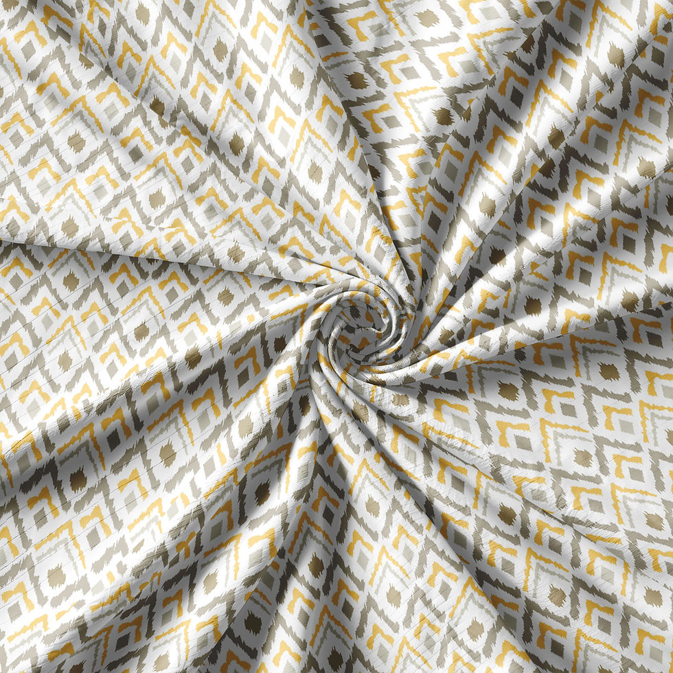 Thumbnail: Swirled fabric with geometric pattern in mustard, grey, and white colors.