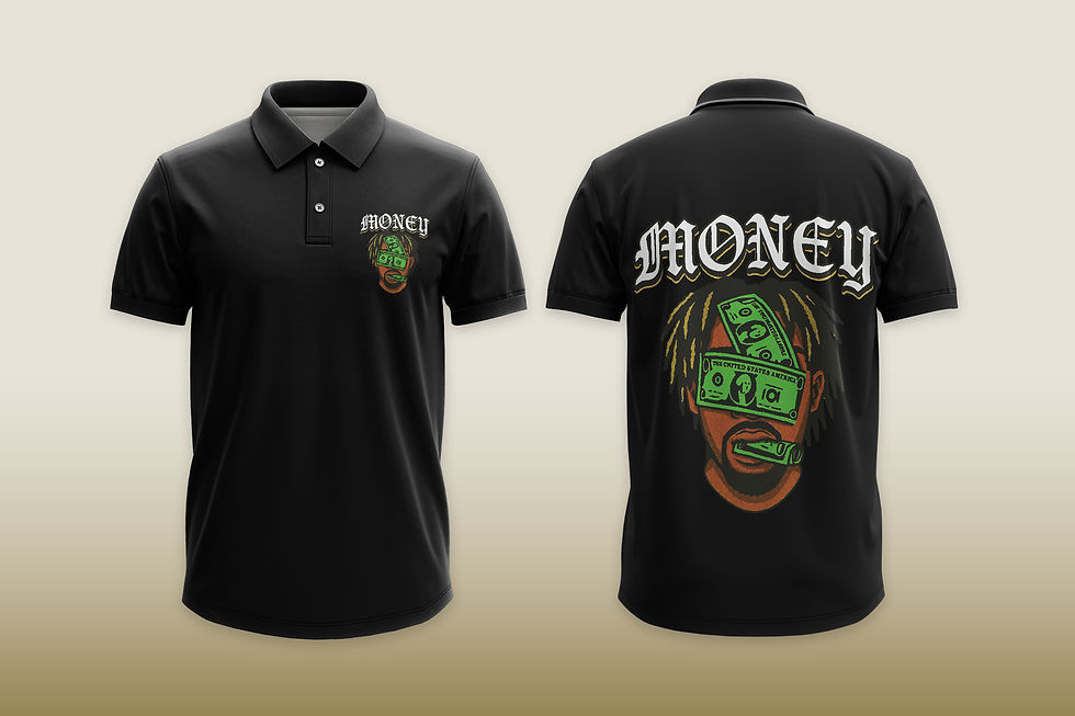 Black polo shirt with "MONEY" text, design, and Tanzitex Studio.