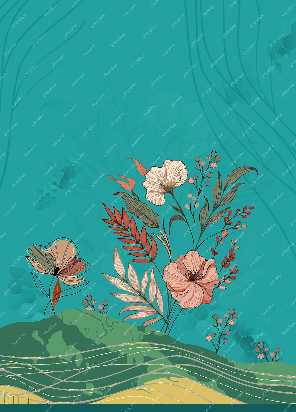 Floral pattern design with various flowers, leaves on teal background