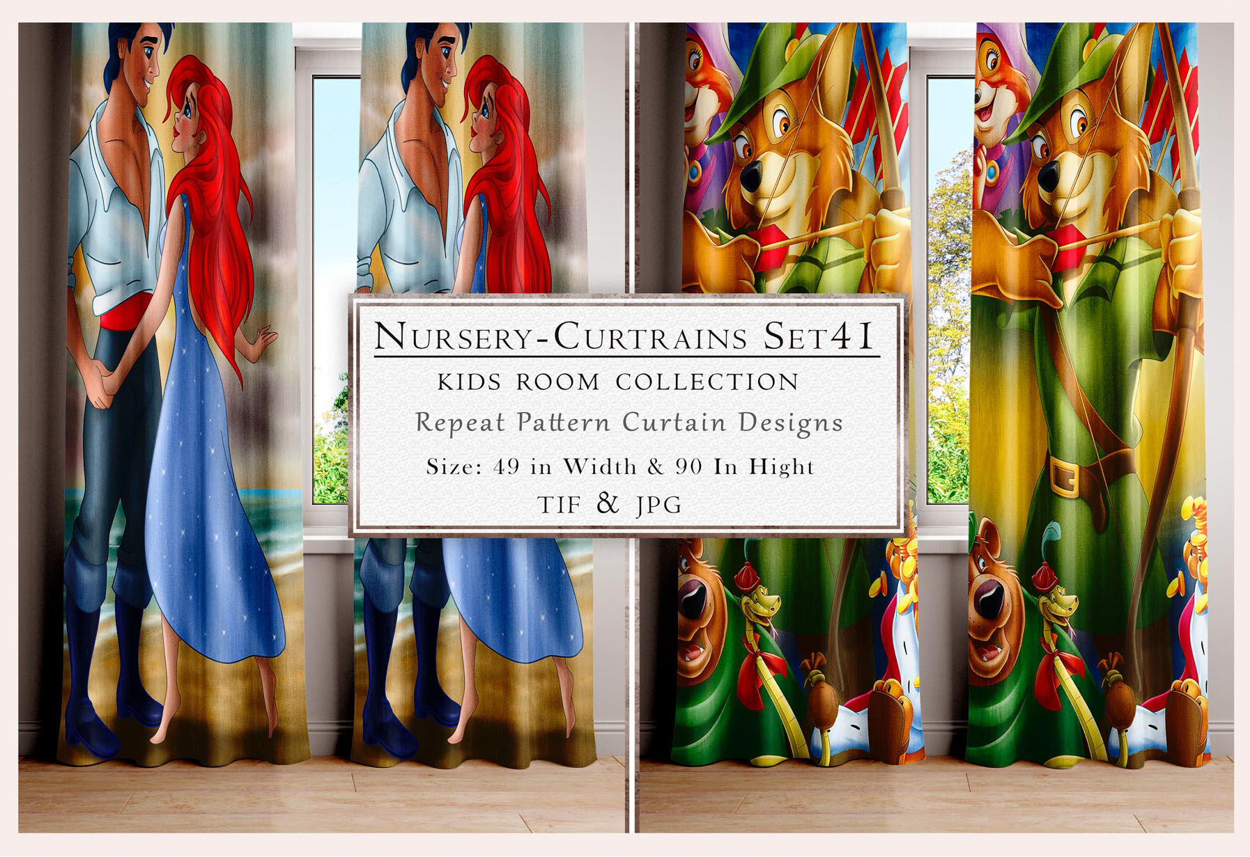Nursery Curtains Set 41 Kids Room Collection Repeat Pattern Curtain Designs in front of window.