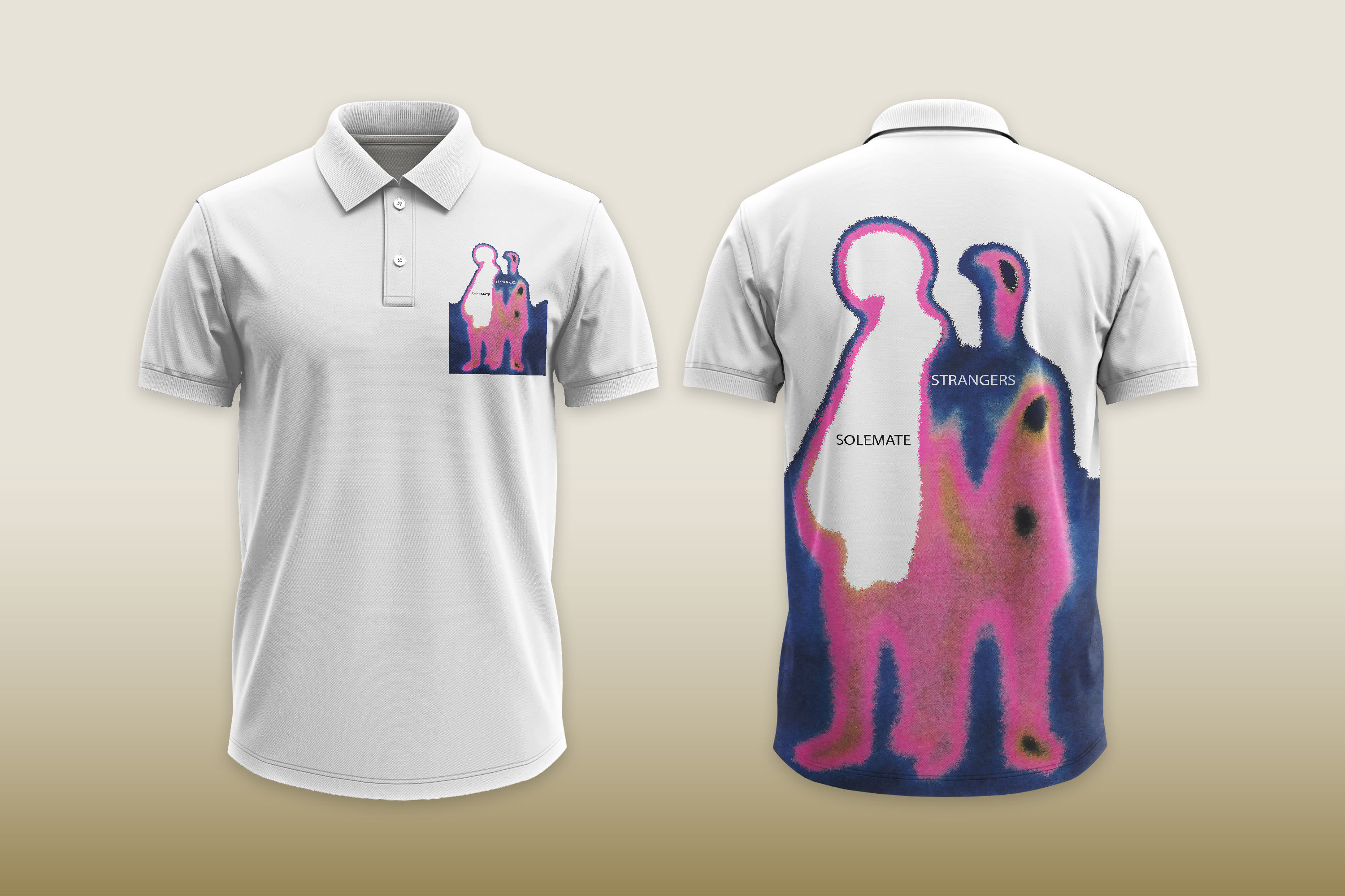 White polo shirt with design on front and back, Tanzitex Studio.
