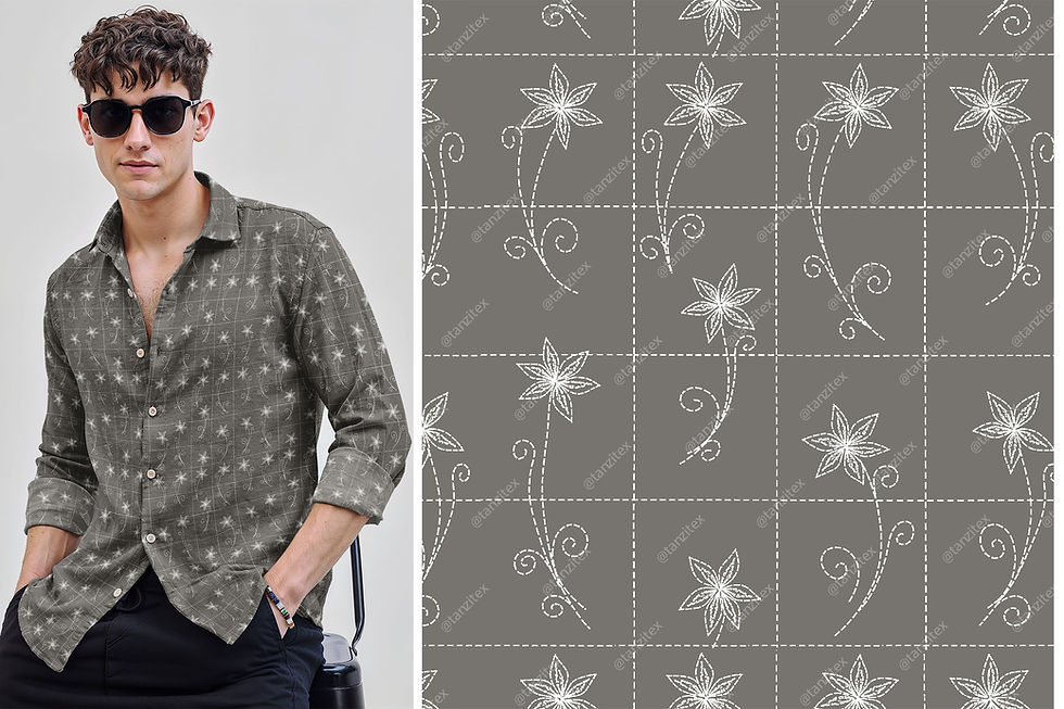 Thumbnail: Man wearing Geometric Abstract Digital Pattern Shirt TZSRT 5288 against a gray patterned background. Tanzitex Studio